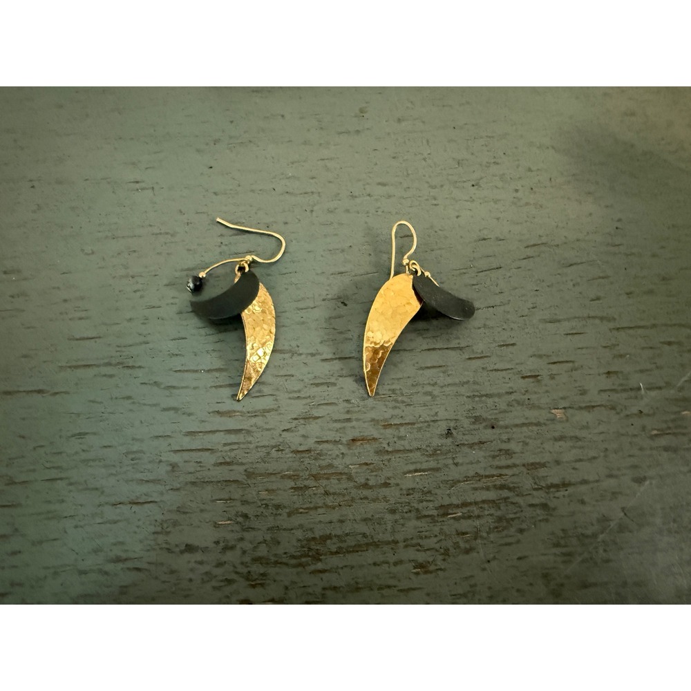 Mixed Metal Hammered Crescent Dangle Earrings Gold Black Copper Artisan Drop